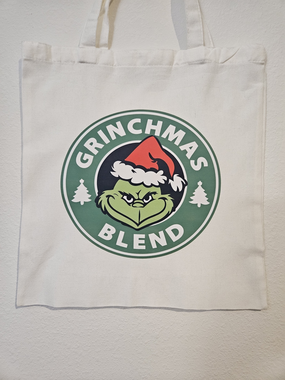 Canvas Tote Bag with Green 'Grinchmas Blend' Graphic